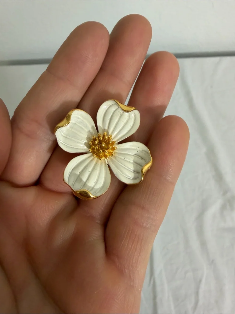 Trifari White and Gold Flower Enamel Brooch